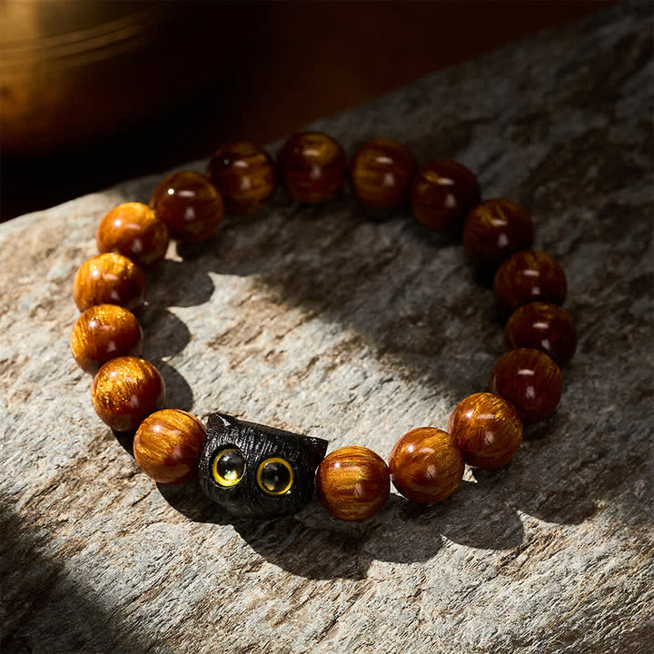 Buddha Stones Pulsera de madera de ébano con cuentas de resina amarilla y gato de la paz - image 11