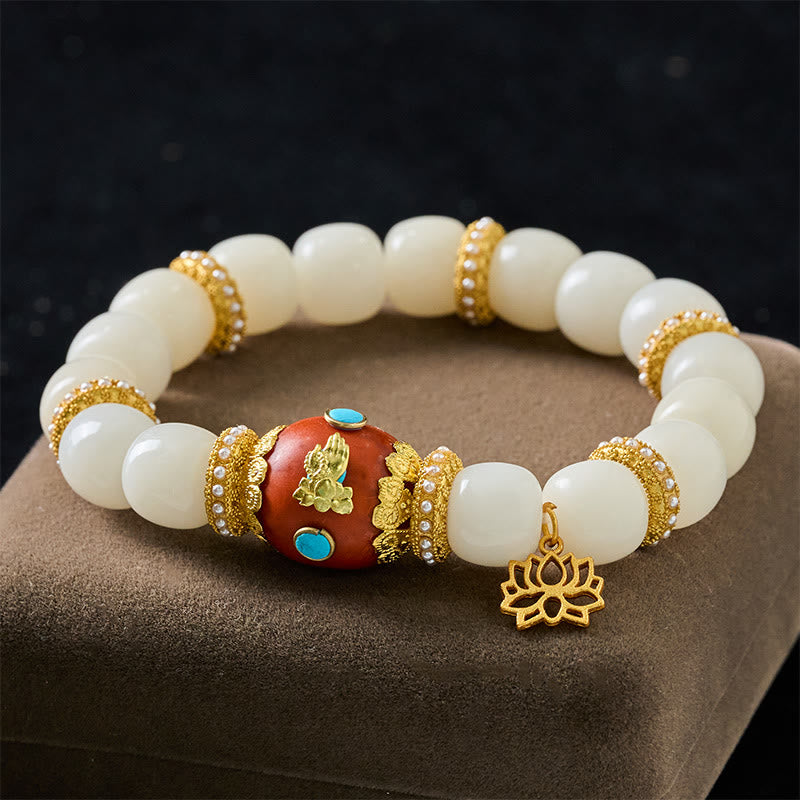 Buddha Stones Pulsera con colgante ovalado de loto naranja grabado con semilla de Bodhi blanca tibetana - Semilla de Bodhi Blanca (Circunferencia de la muñeca: 18-19 cm) - image 0