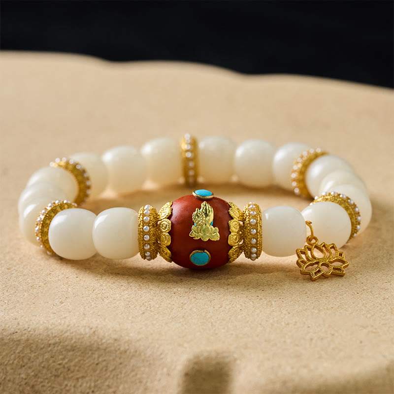Buddha Stones Pulsera con colgante ovalado de loto naranja grabado con semilla de Bodhi blanca tibetana - image 1
