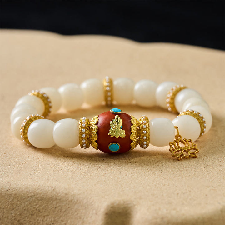 Buddha Stones Pulsera con colgante ovalado de loto naranja grabado con semilla de Bodhi blanca tibetana - image 1
