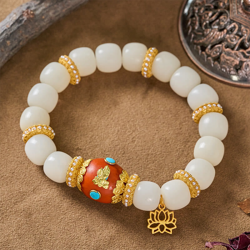 Buddha Stones Pulsera con colgante ovalado de loto naranja grabado con semilla de Bodhi blanca tibetana - image 3