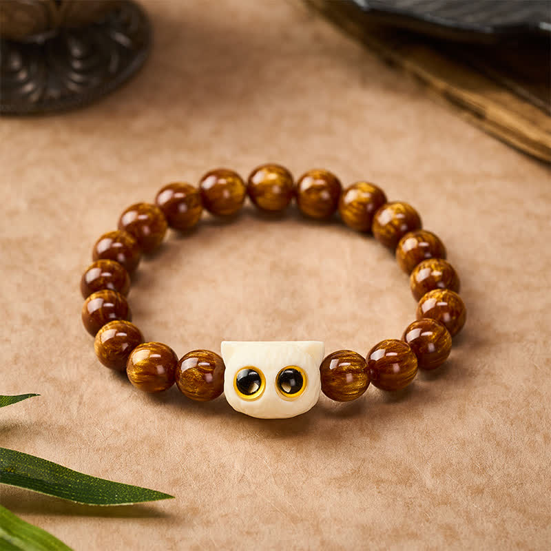 Buddha Stones Pulsera de sabiduría con cuentas de resina amarilla y diseño de gato frutal color marfil - 10 mm (circunferencia de la muñeca: 6,3-6,7 pulgadas / 16-17 cm) - image 0