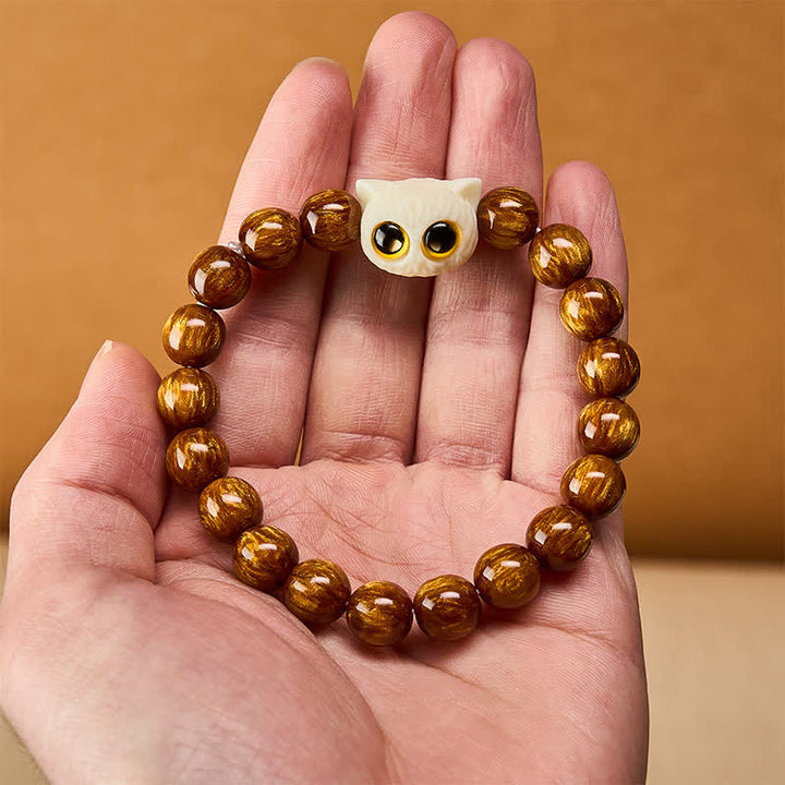 Buddha Stones Pulsera de sabiduría con cuentas de resina amarilla y diseño de gato frutal color marfil - image 5