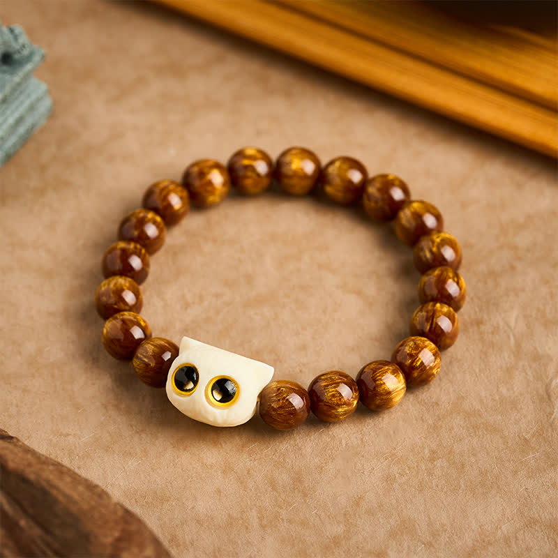 Buddha Stones Pulsera de sabiduría con cuentas de resina amarilla y diseño de gato frutal color marfil - image 1