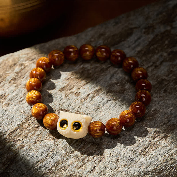 Buddha Stones Pulsera de sabiduría con cuentas de resina amarilla y diseño de gato frutal color marfil - image 3