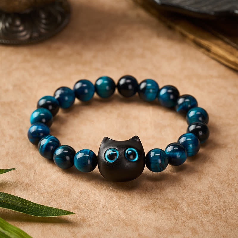 Buddha Stones Pulsera de madera de ébano con ojo de tigre azul para fortalecer al gato - image 1
