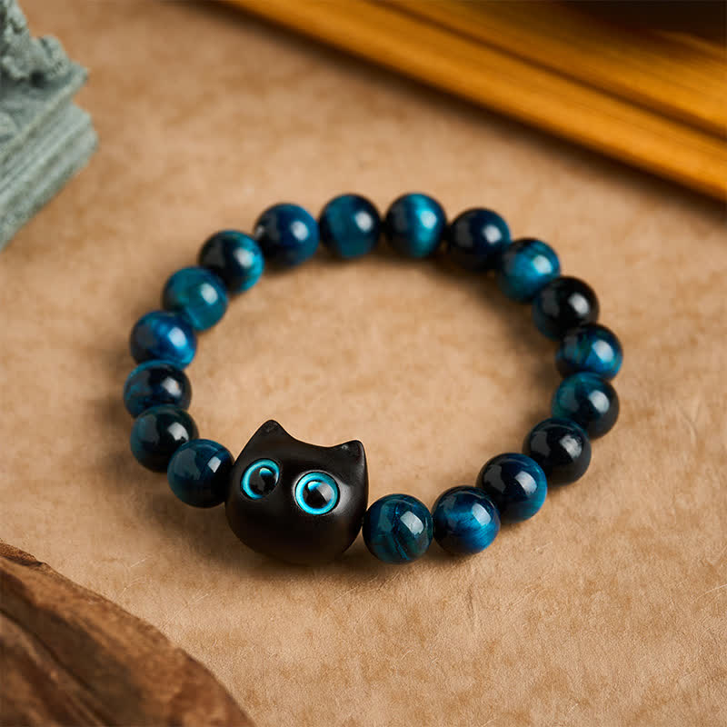 Buddha Stones Pulsera de madera de ébano con ojo de tigre azul para fortalecer al gato - 10 mm (circunferencia de la muñeca: 6,3-6,7 pulgadas / 16-17 cm) - image 0