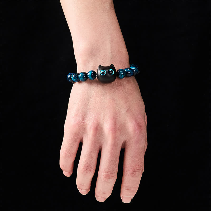 Buddha Stones Pulsera de madera de ébano con ojo de tigre azul para fortalecer al gato - image 4