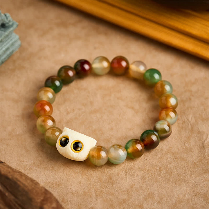 Buddha Stones Pulsera de ágata pavo real, marfil, fruta, gato, coraje - 10 mm (circunferencia de la muñeca: 6,3-6,7 pulgadas / 16-17 cm) - image 0