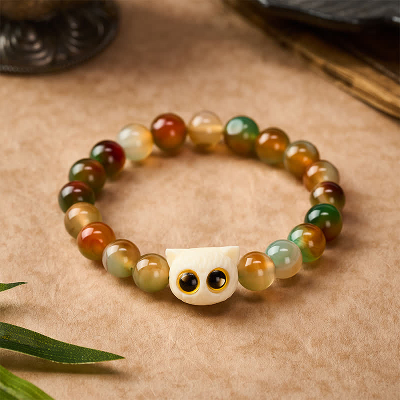 Buddha Stones Pulsera de ágata pavo real, marfil, fruta, gato, coraje - image 1