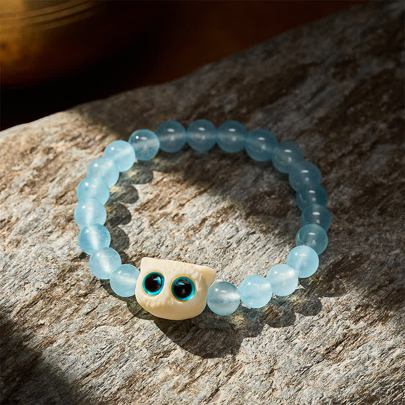 Buddha Stones Pulsera de poder con forma de gato frutal de calcedonia azul marfil - image 3