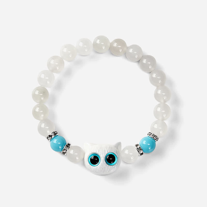 Buddha Stones Pulsera de cuentas de jade blanco y obsidiana negra con forma de linda cabeza de gato. - image 9