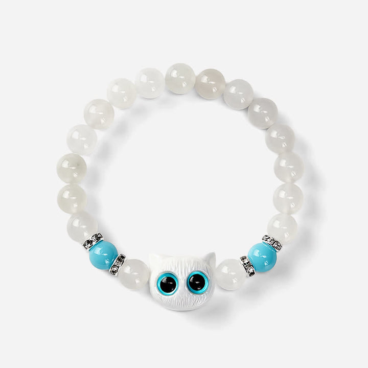 Buddha Stones Pulsera de cuentas de jade blanco y obsidiana negra con forma de linda cabeza de gato. - image 9