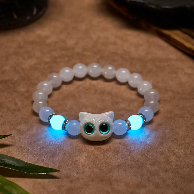 Buddha Stones Pulsera de cuentas de jade blanco y obsidiana negra con forma de linda cabeza de gato. - Jade blanco (circunferencia de la muñeca: 15–16 cm) - image 1