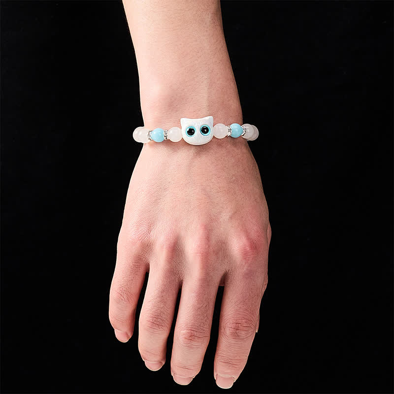 Buddha Stones Pulsera de cuentas de jade blanco y obsidiana negra con forma de linda cabeza de gato. - image 4