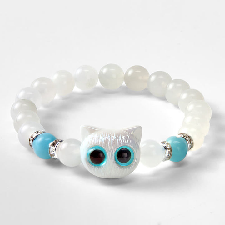 Buddha Stones Pulsera de cuentas de jade blanco y obsidiana negra con forma de linda cabeza de gato. - image 10