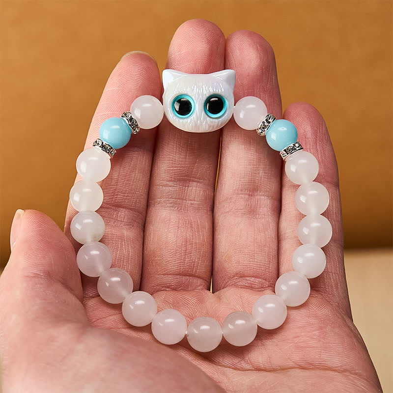 Buddha Stones Pulsera de cuentas de jade blanco y obsidiana negra con forma de linda cabeza de gato. - image 5