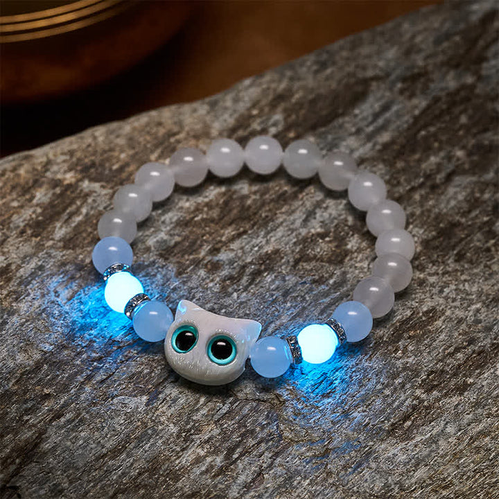 Buddha Stones Pulsera de cuentas de jade blanco y obsidiana negra con forma de linda cabeza de gato. - image 3