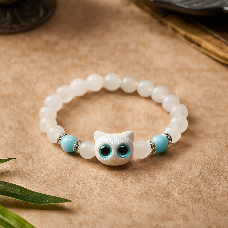 Buddha Stones Pulsera de cuentas de jade blanco y obsidiana negra con forma de linda cabeza de gato. - image 7