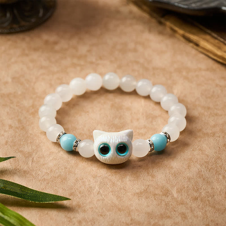 Buddha Stones Pulsera de cuentas de jade blanco y obsidiana negra con forma de linda cabeza de gato. - image 7