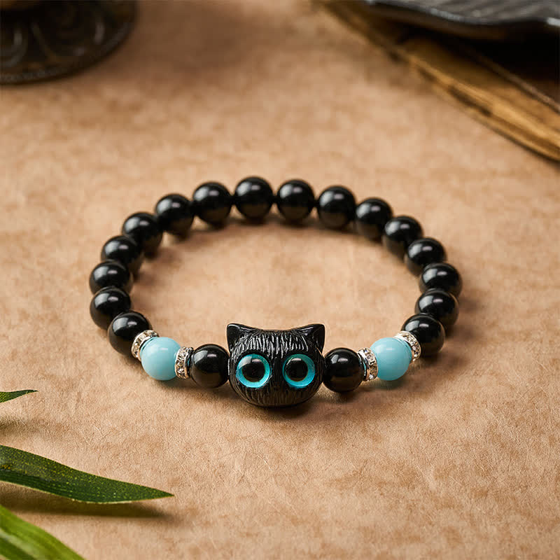Buddha Stones Pulsera de cuentas de jade blanco y obsidiana negra con forma de linda cabeza de gato. - image 19