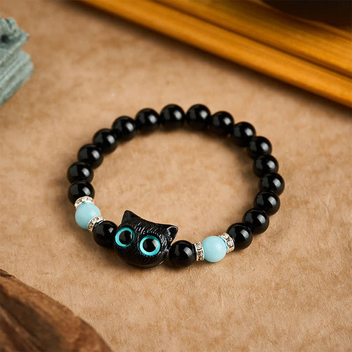 Buddha Stones Pulsera de cuentas de jade blanco y obsidiana negra con forma de linda cabeza de gato. - image 14