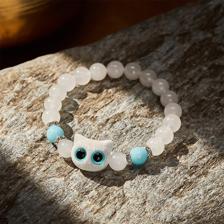 Buddha Stones Pulsera de cuentas de jade blanco y obsidiana negra con forma de linda cabeza de gato. - image 2