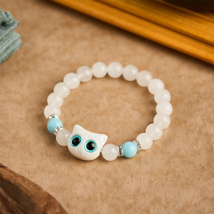Buddha Stones Pulsera de cuentas de jade blanco y obsidiana negra con forma de linda cabeza de gato. - image 1
