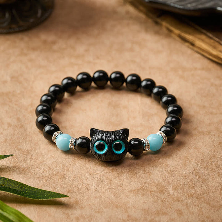 Buddha Stones Pulsera de cuentas de jade blanco y obsidiana negra con forma de linda cabeza de gato. - image 18