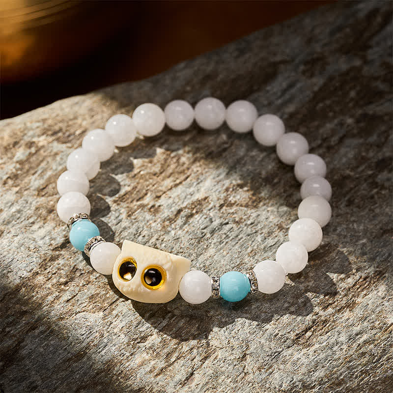 Buddha Stones Pulsera de cuentas de pureza con cabeza de gato de ojos grandes, obsidiana negra y calcedonia blanca - image 8