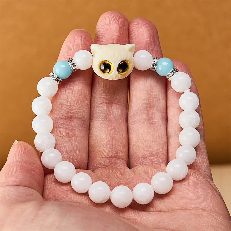 Buddha Stones Pulsera de cuentas de pureza con cabeza de gato de ojos grandes, obsidiana negra y calcedonia blanca - image 5