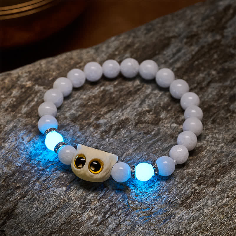 Buddha Stones Pulsera de cuentas de pureza con cabeza de gato de ojos grandes, obsidiana negra y calcedonia blanca - image 4