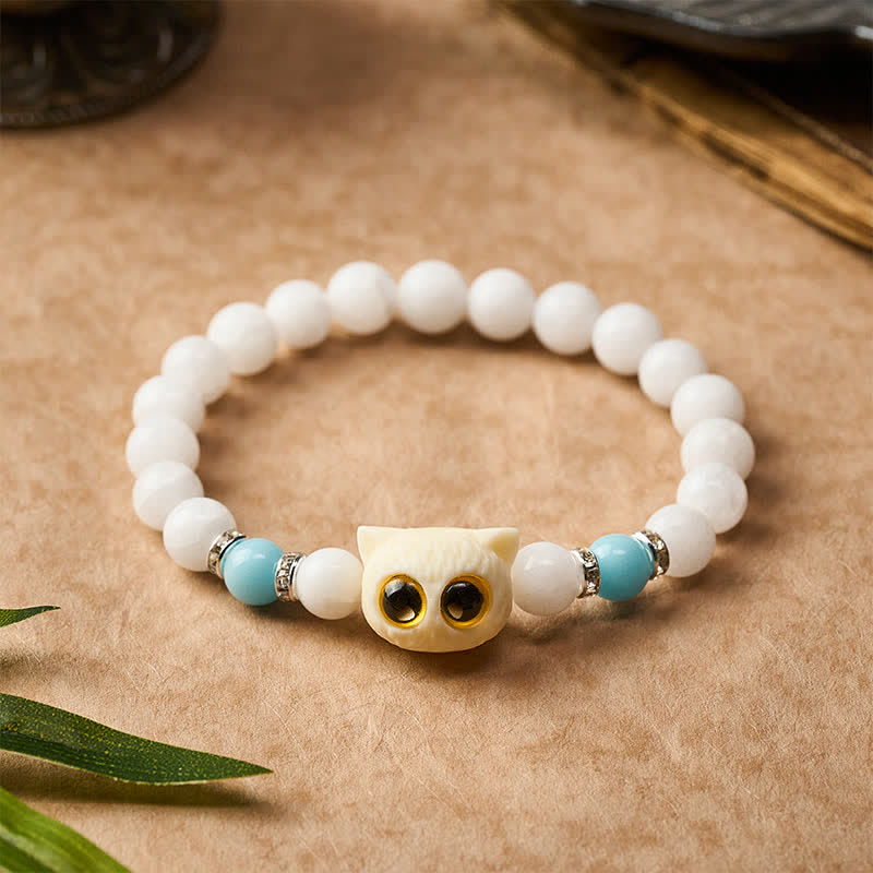 Buddha Stones Pulsera de cuentas de pureza con cabeza de gato de ojos grandes, obsidiana negra y calcedonia blanca - image 2