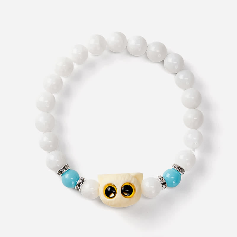 Buddha Stones Pulsera de cuentas de pureza con cabeza de gato de ojos grandes, obsidiana negra y calcedonia blanca - image 9
