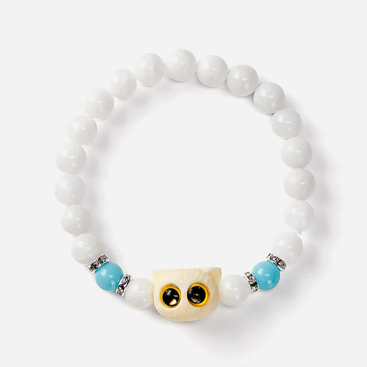 Buddha Stones Pulsera de cuentas de pureza con cabeza de gato de ojos grandes, obsidiana negra y calcedonia blanca - image 9