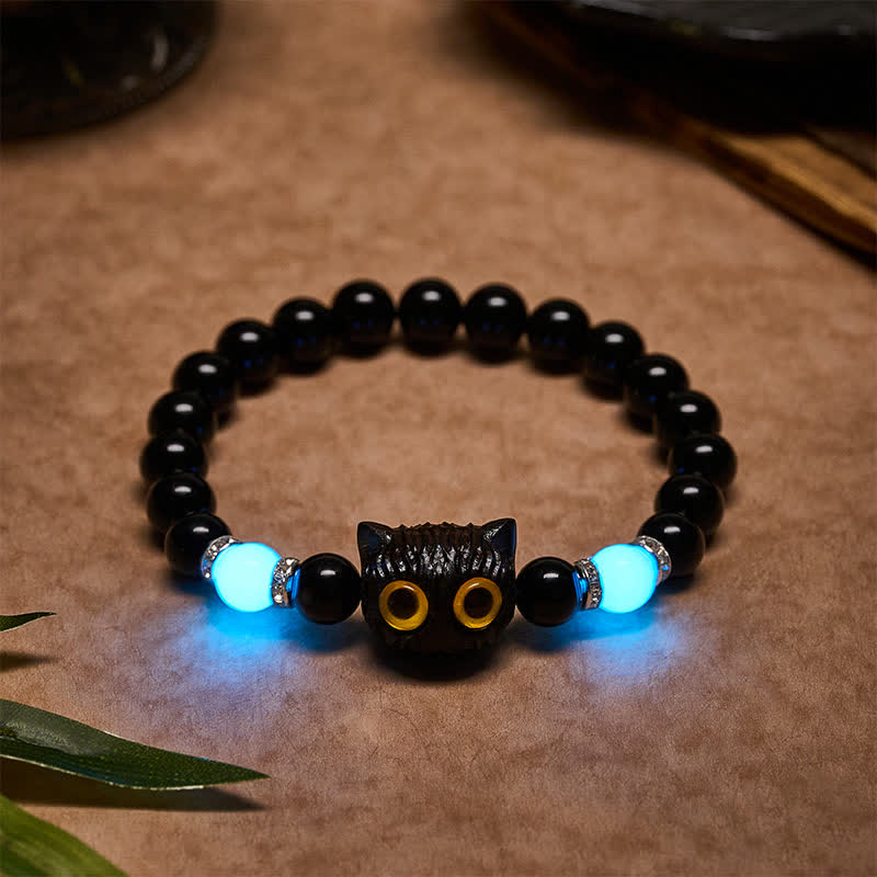 Buddha Stones Pulsera de cuentas de pureza con cabeza de gato de ojos grandes, obsidiana negra y calcedonia blanca - Obsidiana negra (circunferencia de la muñeca: 15–16 cm) - 8 mm - image 14