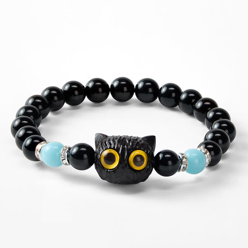 Buddha Stones Pulsera de cuentas de pureza con cabeza de gato de ojos grandes, obsidiana negra y calcedonia blanca - image 23