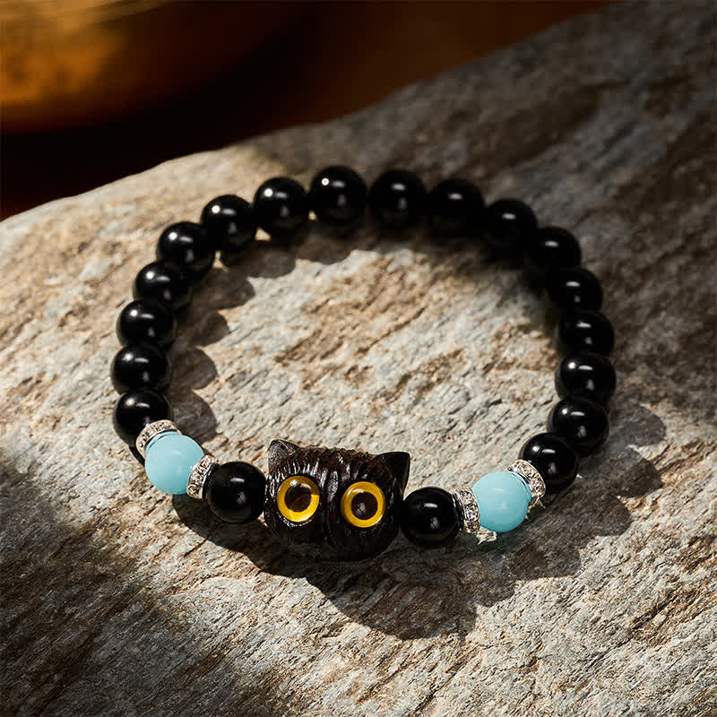 Buddha Stones Pulsera de cuentas de pureza con cabeza de gato de ojos grandes, obsidiana negra y calcedonia blanca - image 21