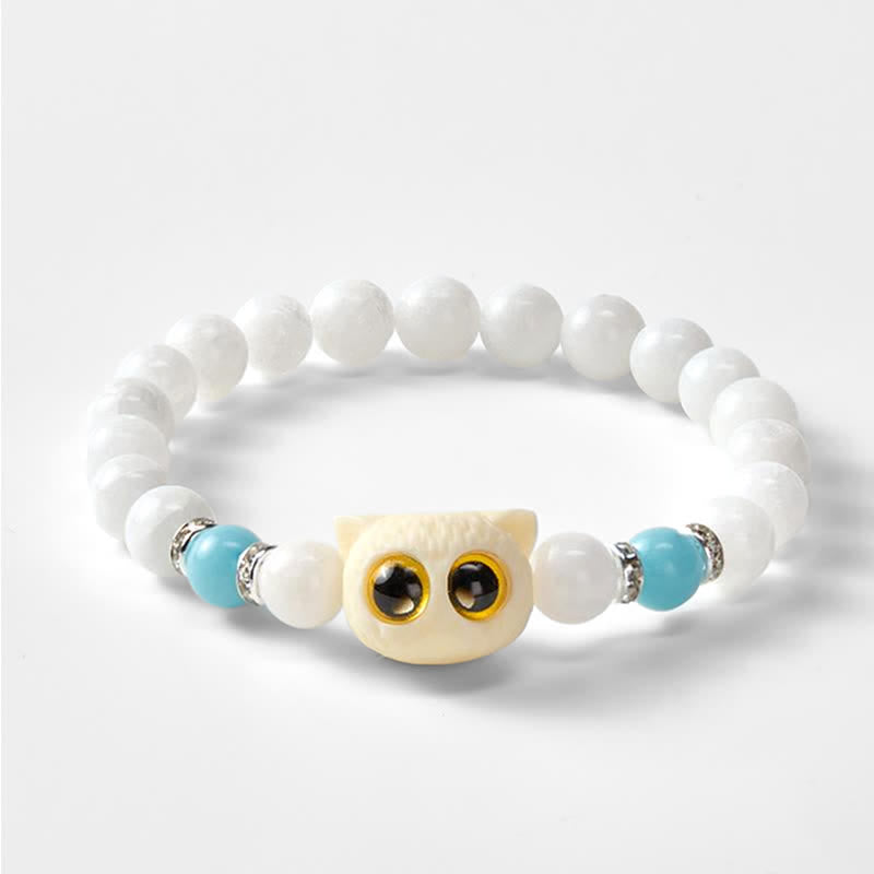 Buddha Stones Pulsera de cuentas de pureza con cabeza de gato de ojos grandes, obsidiana negra y calcedonia blanca - image 10