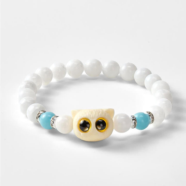Buddha Stones Pulsera de cuentas de pureza con cabeza de gato de ojos grandes, obsidiana negra y calcedonia blanca - image 10