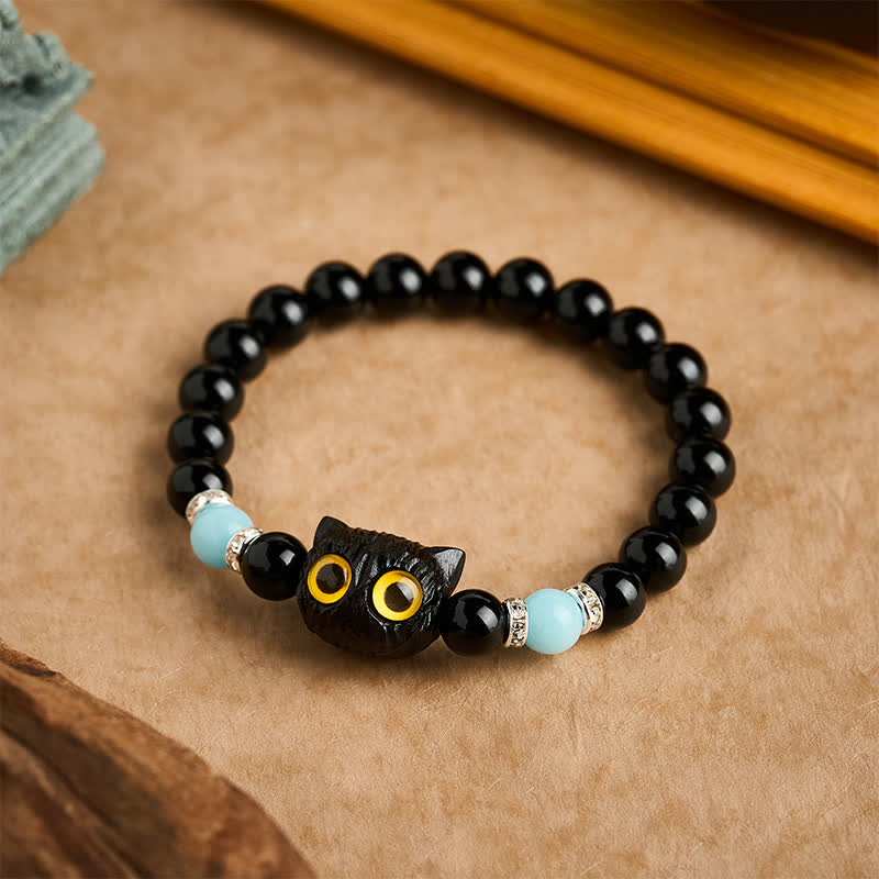 Buddha Stones Pulsera de cuentas de pureza con cabeza de gato de ojos grandes, obsidiana negra y calcedonia blanca - image 16