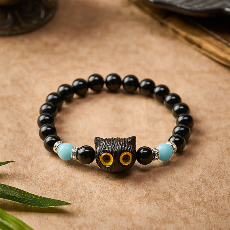 Buddha Stones Pulsera de cuentas de pureza con cabeza de gato de ojos grandes, obsidiana negra y calcedonia blanca - image 22