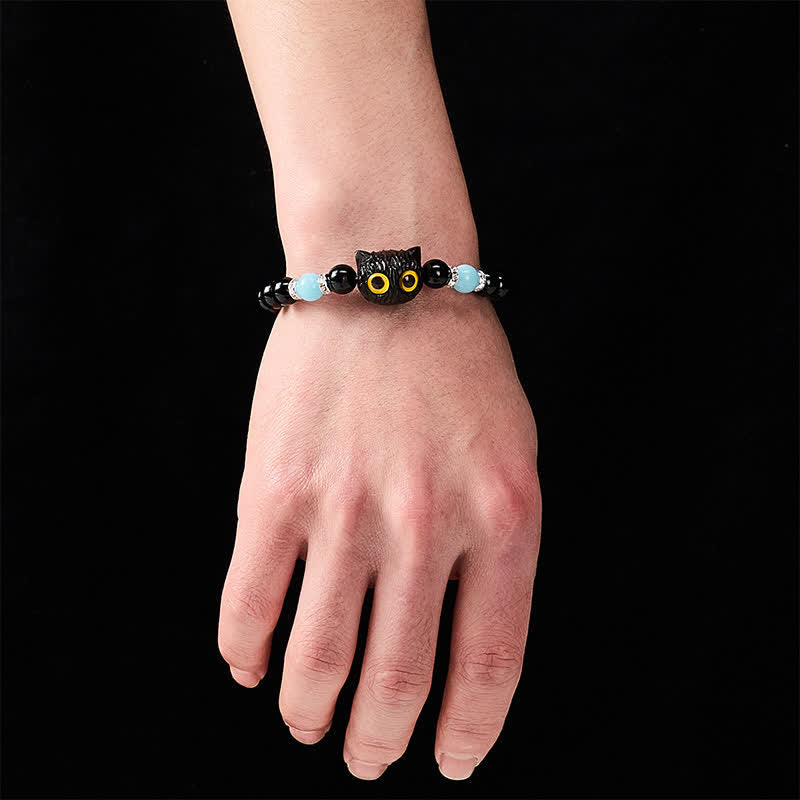 Buddha Stones Pulsera de cuentas de pureza con cabeza de gato de ojos grandes, obsidiana negra y calcedonia blanca - image 19