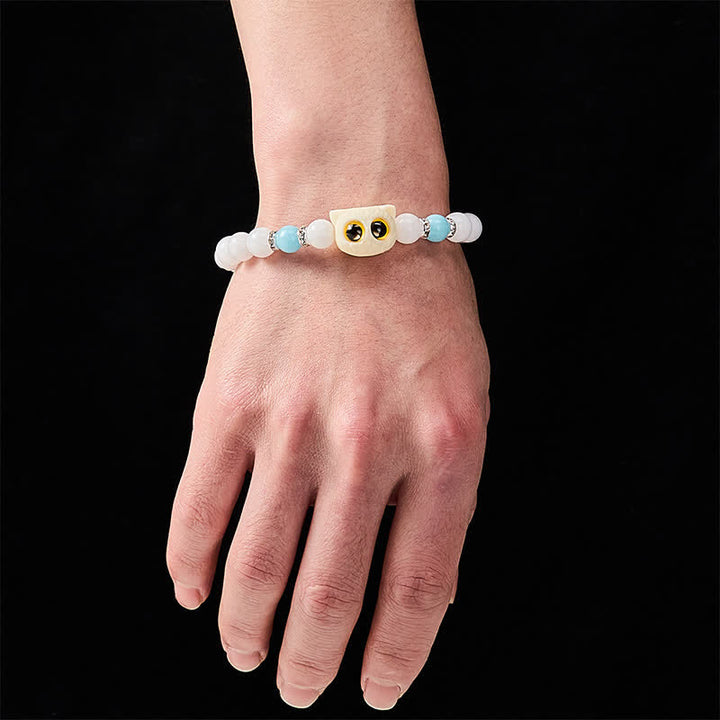 Buddha Stones Pulsera de cuentas de pureza con cabeza de gato de ojos grandes, obsidiana negra y calcedonia blanca - image 5