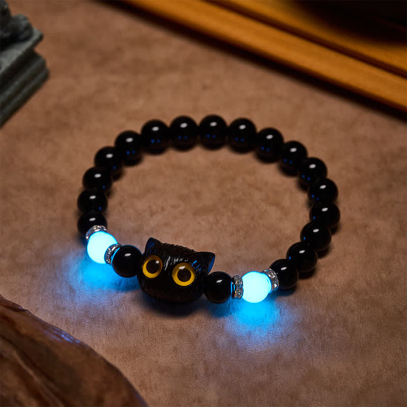 Buddha Stones Pulsera de cuentas de pureza con cabeza de gato de ojos grandes, obsidiana negra y calcedonia blanca - image 18