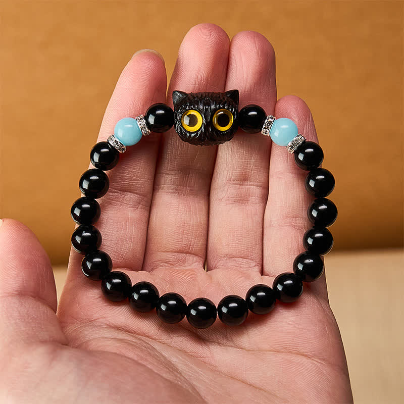 Buddha Stones Pulsera de cuentas de pureza con cabeza de gato de ojos grandes, obsidiana negra y calcedonia blanca - image 20