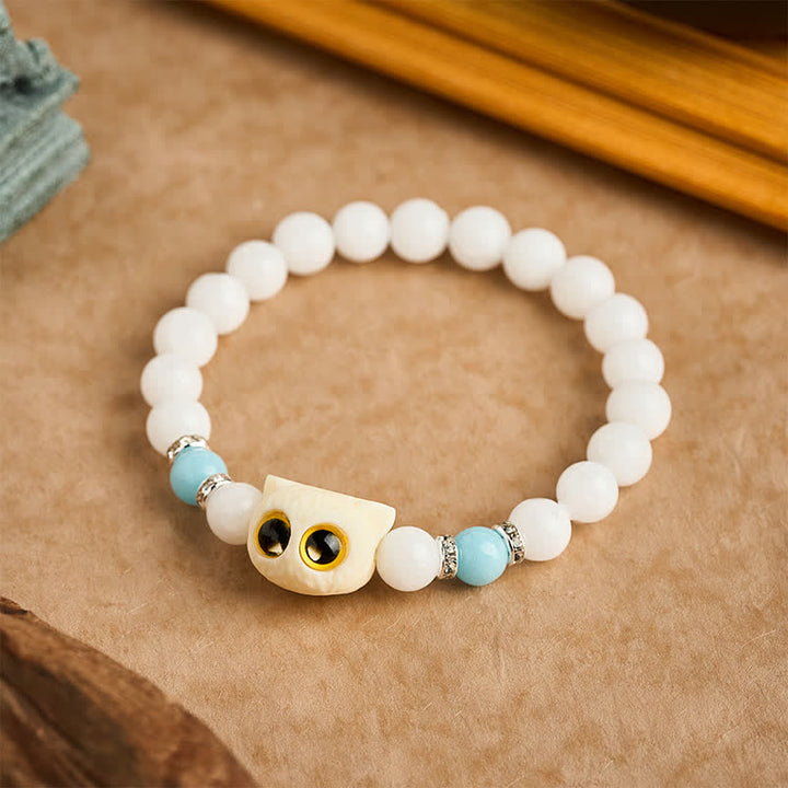 Buddha Stones Pulsera de cuentas de pureza con cabeza de gato de ojos grandes, obsidiana negra y calcedonia blanca - image 2