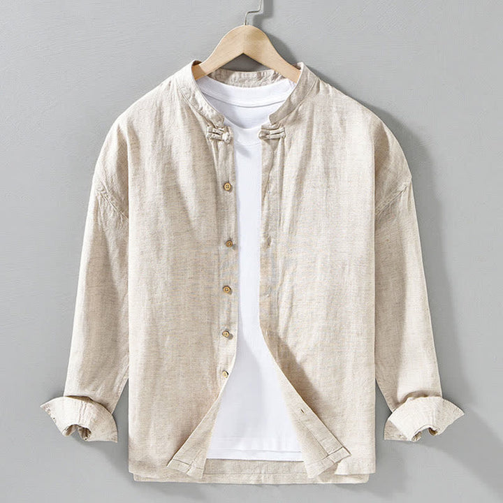 Buddha Stones Camisas de manga larga para hombre de estilo casual otoñal con cuello mandarín y color liso. - Beige - US/UK/AU42, EU52 (3XL) - image 8