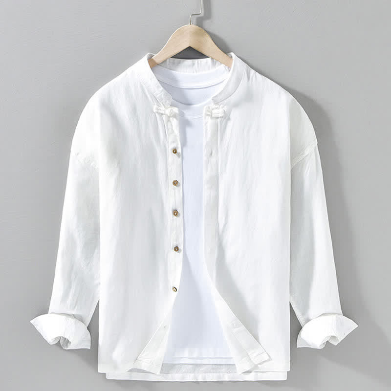 Buddha Stones Camisas de manga larga para hombre de estilo casual otoñal con cuello mandarín y color liso. - Blanco - US/UK/AU42, EU52 (3XL) - image 16
