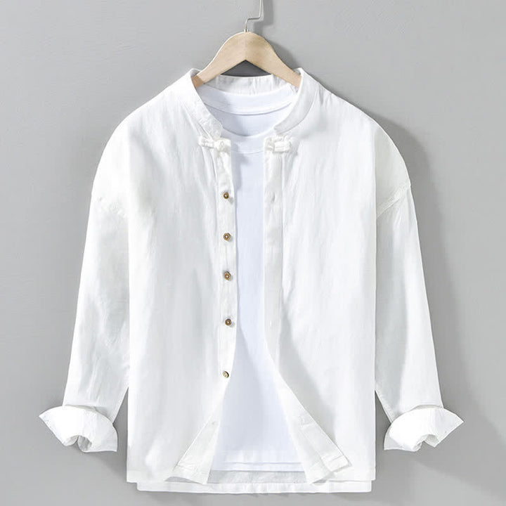 Buddha Stones Camisas de manga larga para hombre de estilo casual otoñal con cuello mandarín y color liso. - Blanco - US/UK/AU42, EU52 (3XL) - image 16